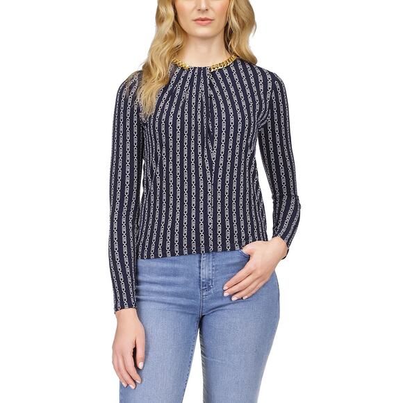 MICHAEL Michael Kors Long Sleeve Chain Neck Top Midnight Blue NWT Size XL - Picture 1 of 11